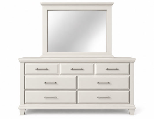Pearl white Bella seven-drawer dresser with framed mirror and slim silver-tone handles, clean white-background product view