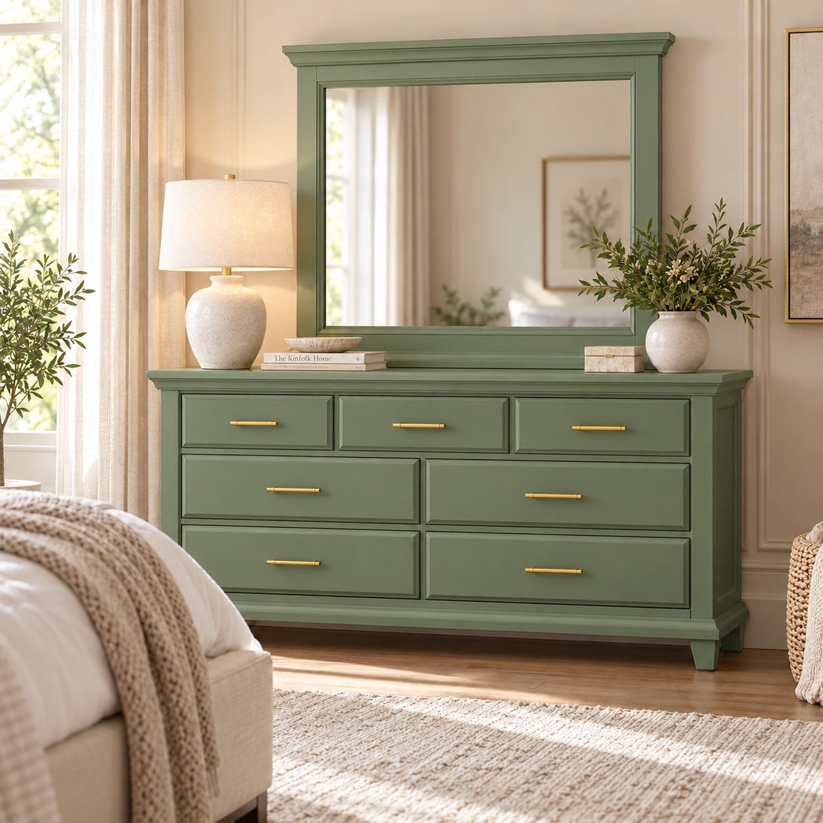 Sage muted green Bella seven-drawer dresser and framed mirror with slim gold-tone pulls in styled bedroom