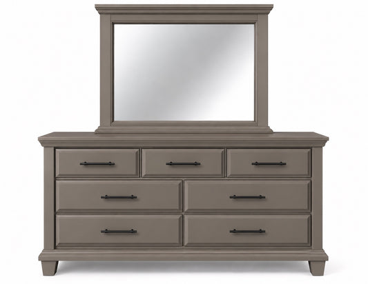 Bella Slate gray seven-drawer dresser and coordinating rectangular mirror with slim black bar pulls, white-background front view