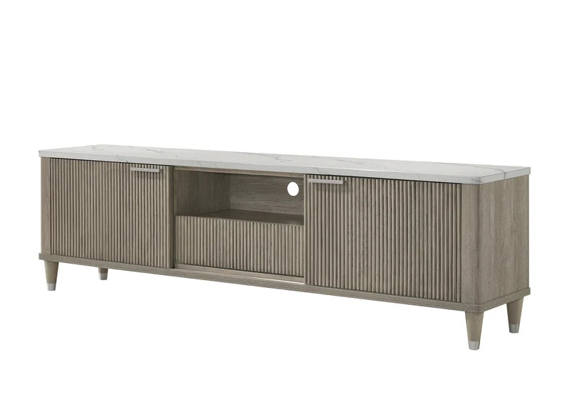 Soren Driftwood Fluted TV Console angled view