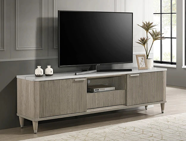 Soren Driftwood Fluted TV Console in a styled living room