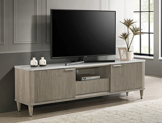 Soren Driftwood Fluted TV Console in a styled living room
