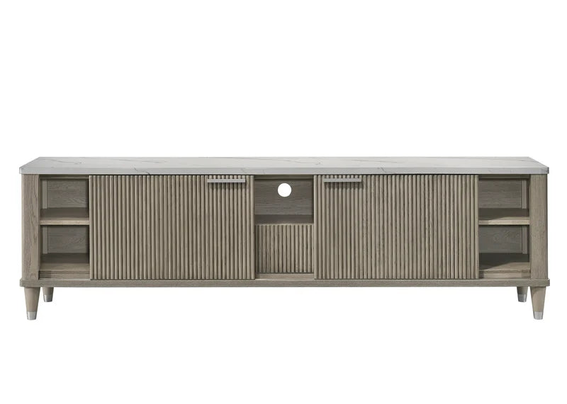 Soren TV Console with sliding doors open showing adjustable storage shelves