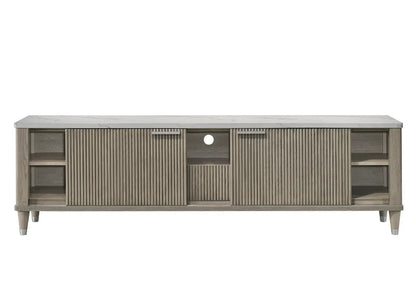 Soren TV Console with sliding doors open showing adjustable storage shelves