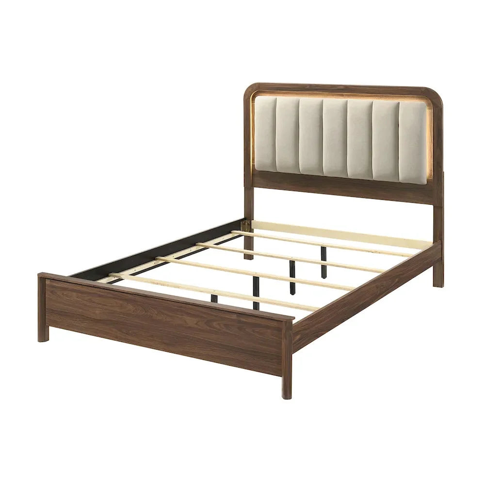 Caspian walnut LED upholstered bed in angled view