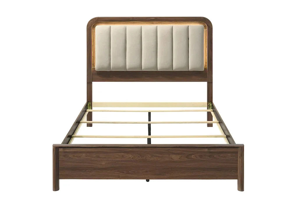 Caspian LED upholstered walnut bed front view