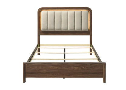 Caspian LED upholstered walnut bed front view