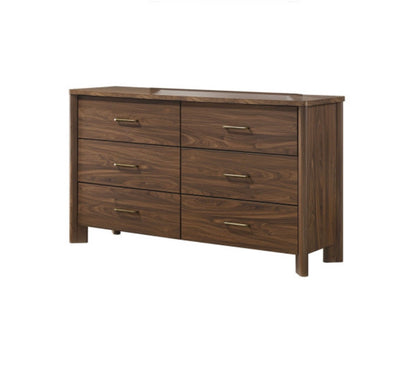 Caspian walnut six drawer dresser with gold finish pulls
