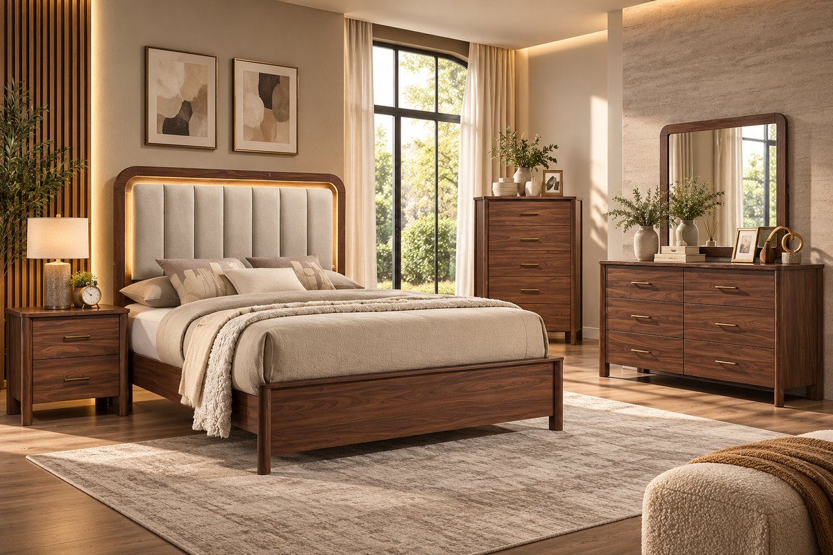 Illustrative Caspian walnut bedroom set lifestyle rendering with matching pieces