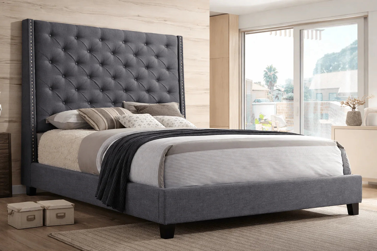 Chandler Tufted Wingback Platform Bed – Charcoal Grey | Queen & King - George's Furniture