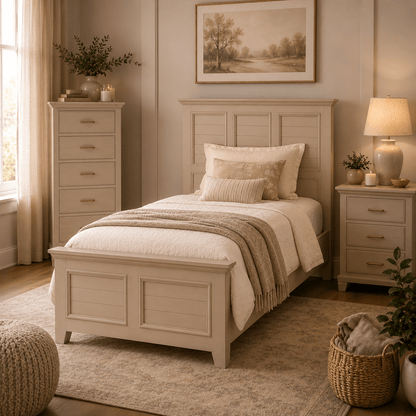 Dune bedroom set with panel bed, nightstand, dresser and mirror