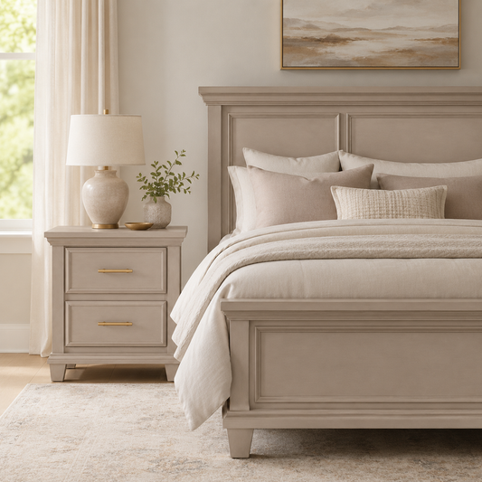 Dune 2-Drawer Nightstand in warm neutral finish with gold-tone hardware