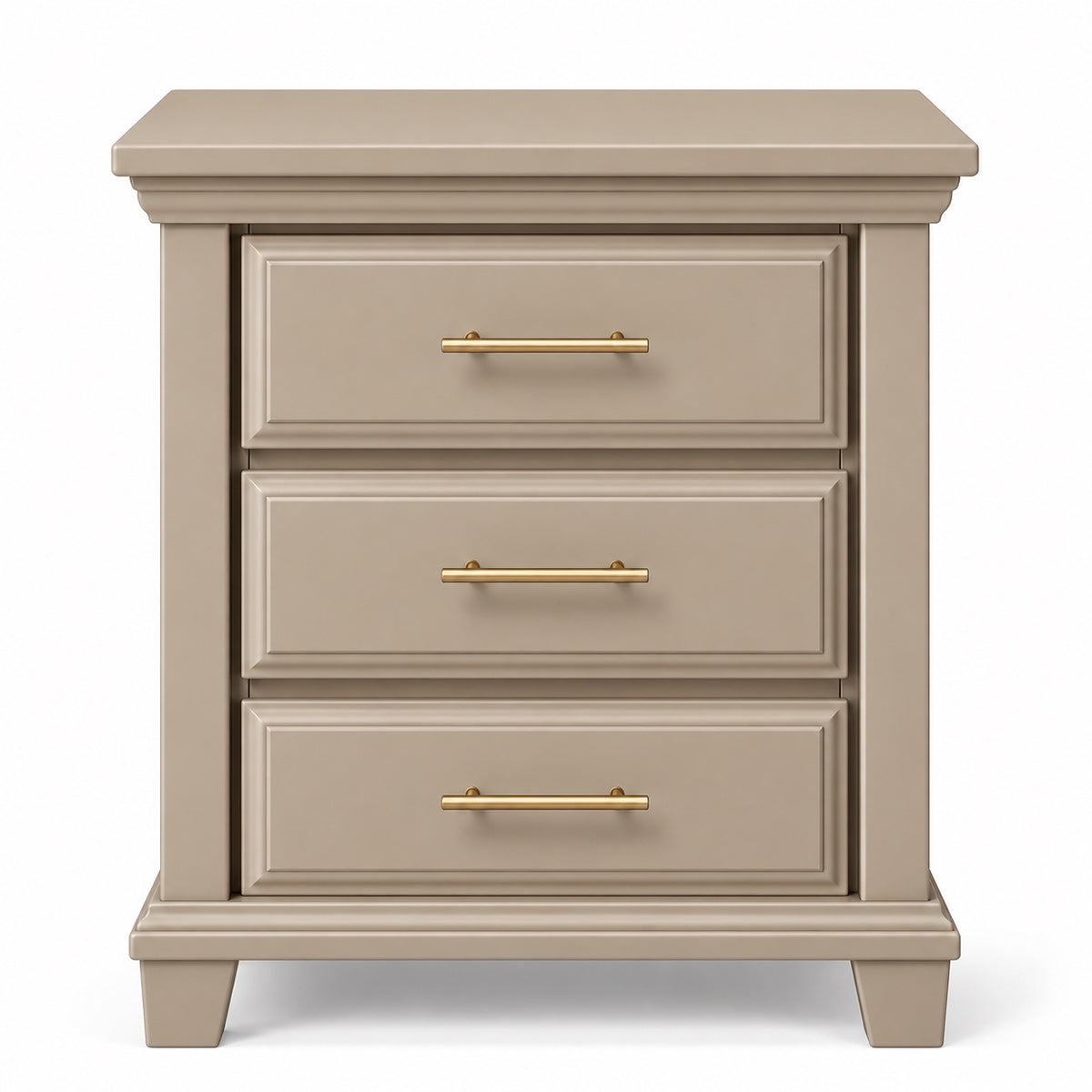 Dune warm taupe Bella three-drawer nightstand front image with gold slim drawer pulls