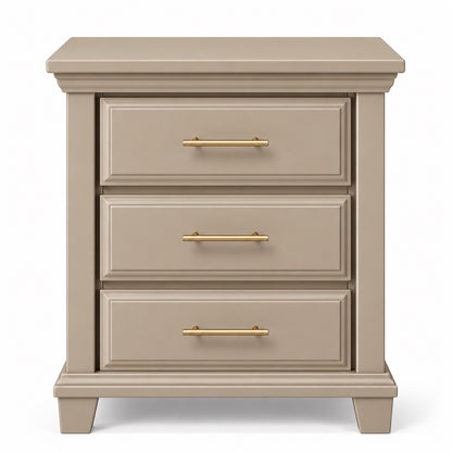 Dune warm taupe Bella three-drawer nightstand front image with gold slim drawer pulls