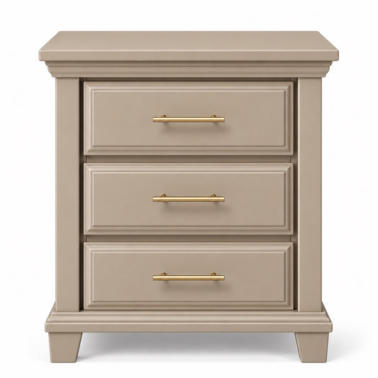 Dune warm taupe Bella three-drawer nightstand front image with gold slim drawer pulls