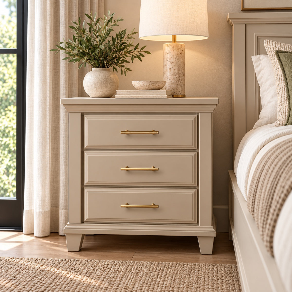 Dune warm neutral Bella three-drawer nightstand styled beside an upholstered bed with textured lamp