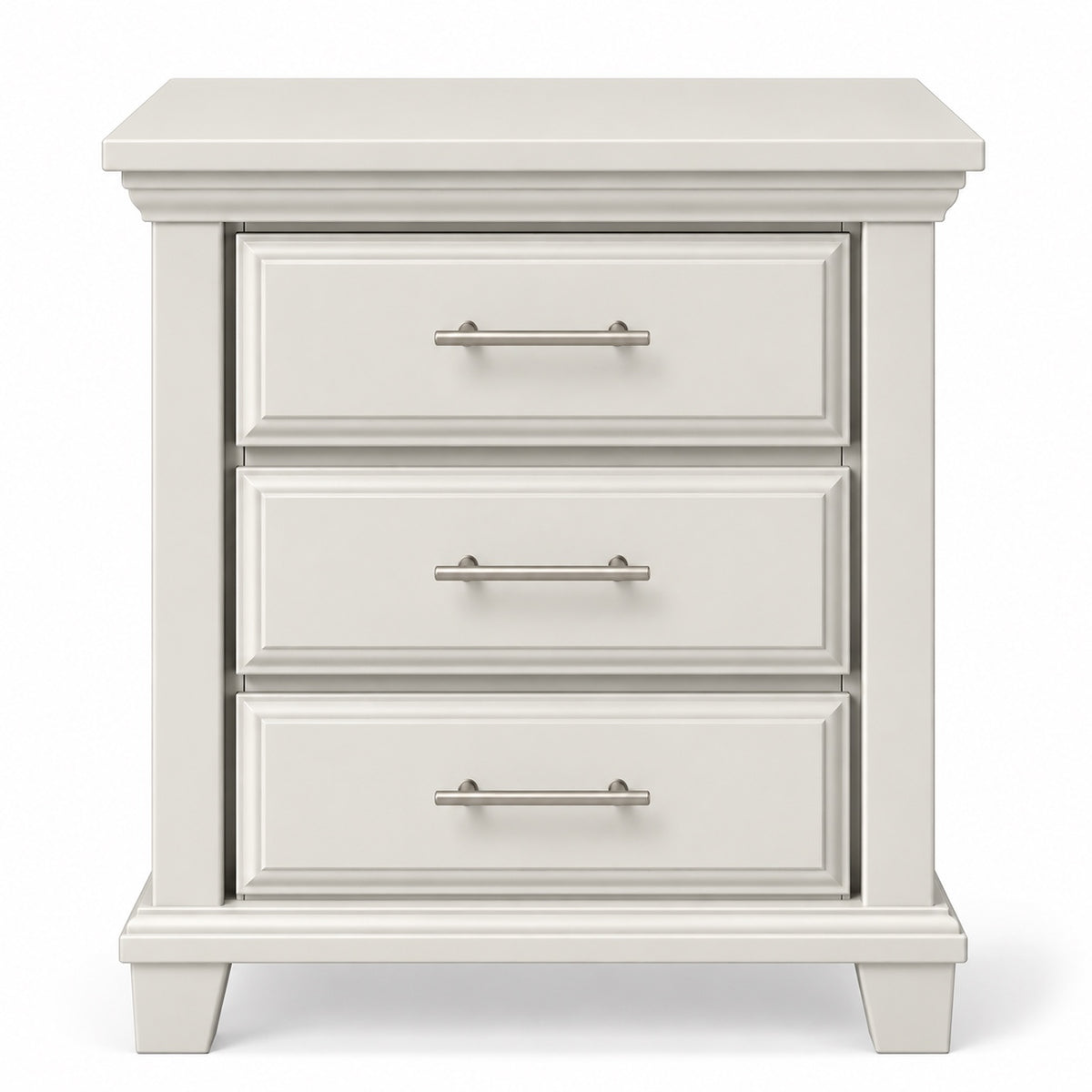Pearl off-white Bella three-drawer nightstand front image with slim brushed silver bar pulls