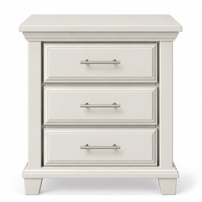 Pearl off-white Bella three-drawer nightstand front image with slim brushed silver bar pulls