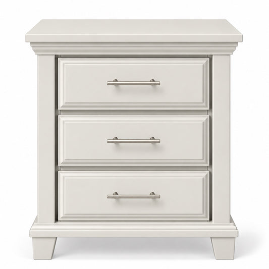 Pearl off-white Bella three-drawer nightstand front image with slim brushed silver bar pulls