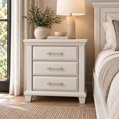 Pearl off-white Bella three-drawer nightstand styled in a neutral bedroom with lamp and foliage