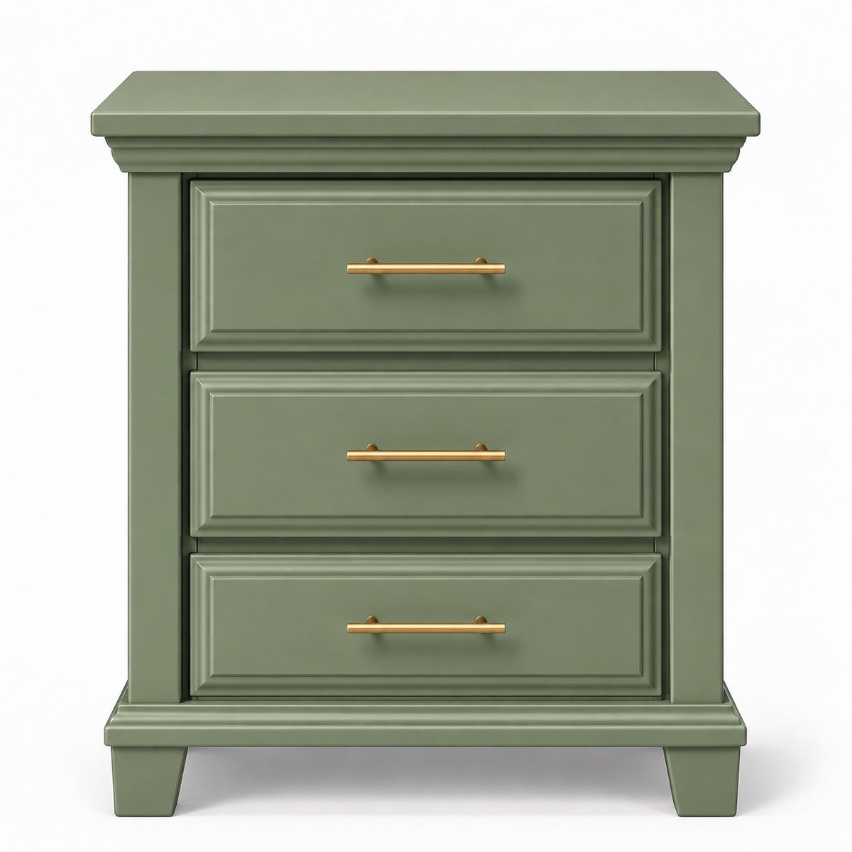Sage muted green Bella three-drawer nightstand front studio image with gold bar handles