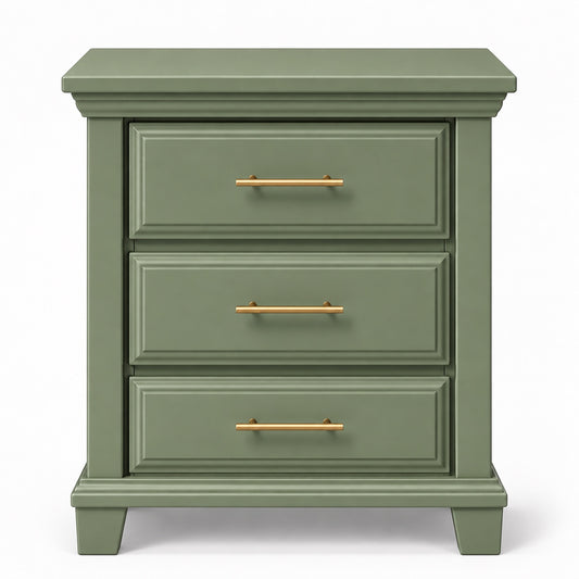 Sage muted green Bella three-drawer nightstand front studio image with gold bar handles