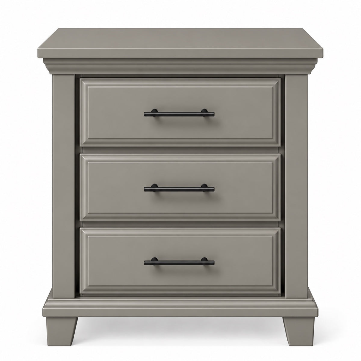 Slate gray Bella three-drawer nightstand front image with black slim bar pulls