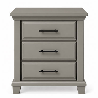 Slate gray Bella three-drawer nightstand front image with black slim bar pulls