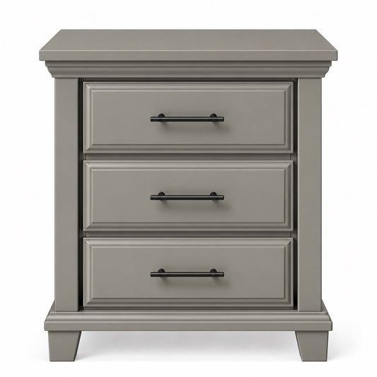 Slate gray Bella three-drawer nightstand front image with black slim bar pulls