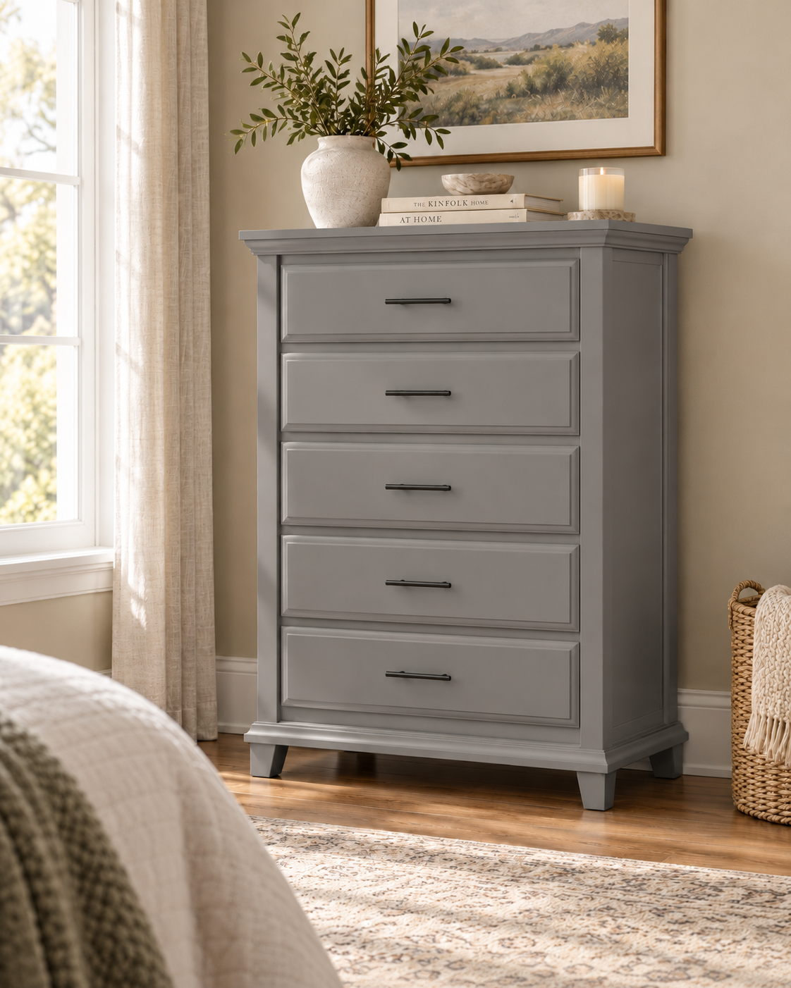 Bella Slate five-drawer chest in slate gray with matte black pulls styled in a neutral bedroom