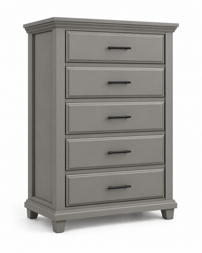 Bella Slate 5-drawer chest in slate gray with matte black bar handles, product view