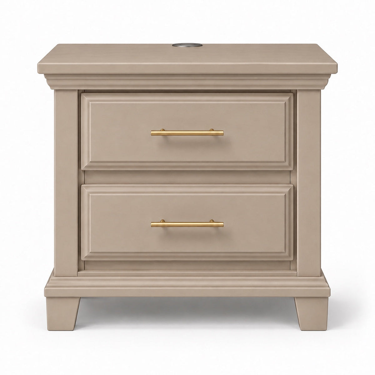 Bella standard two-drawer nightstand in Dune warm taupe finish, straight-on front view with gold-tone bar handles
