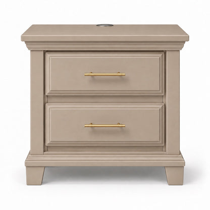 Bella standard two-drawer nightstand in Dune warm taupe finish, straight-on front view with gold-tone bar handles