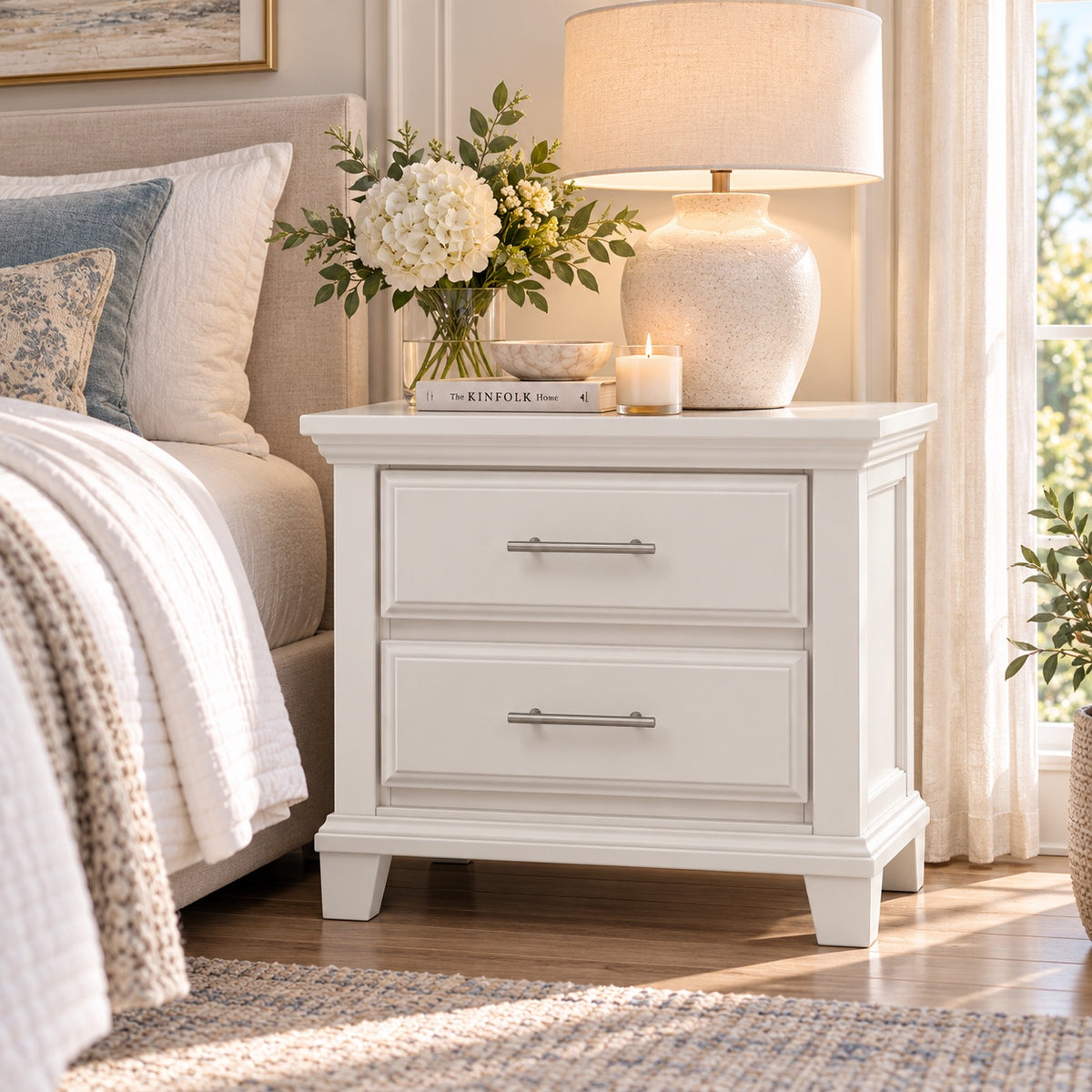 Pearl off-white Bella classic two-drawer nightstand with silver bar handles styled next to a bed