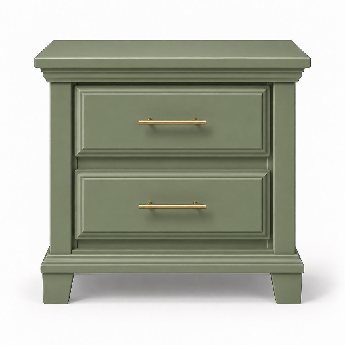Sage green Bella classic two-drawer nightstand with gold bar pulls, front product image