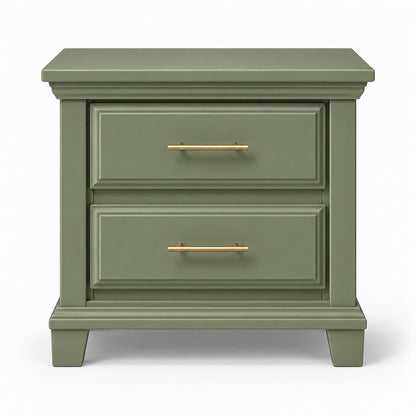 Sage green Bella classic two-drawer nightstand with gold bar pulls, front product image