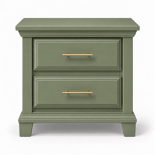 Sage green Bella classic two-drawer nightstand with gold bar pulls, front product image