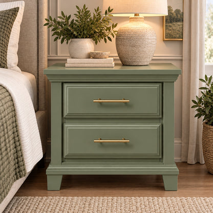 Sage green Bella classic two-drawer nightstand with gold-tone hardware styled next to an upholstered bed