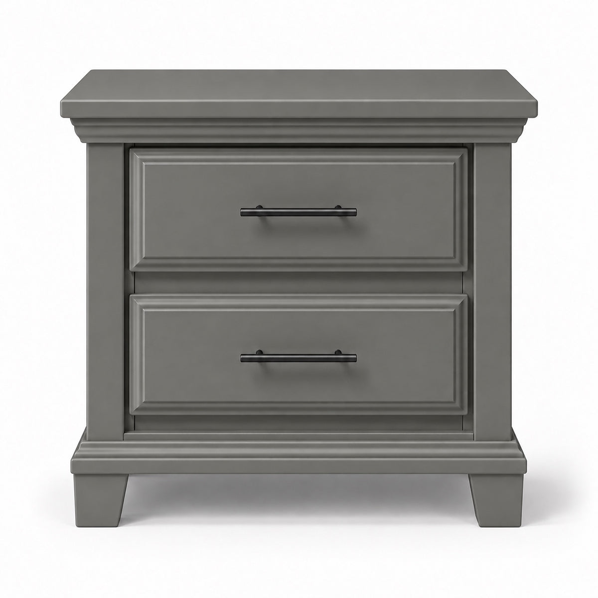 Slate grey Bella classic two-drawer nightstand front product view with slim black handles