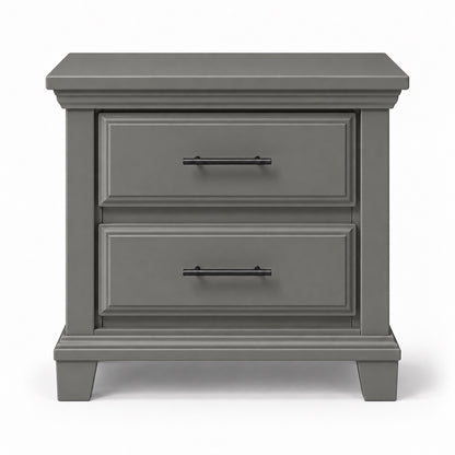 Slate grey Bella classic two-drawer nightstand front product view with slim black handles