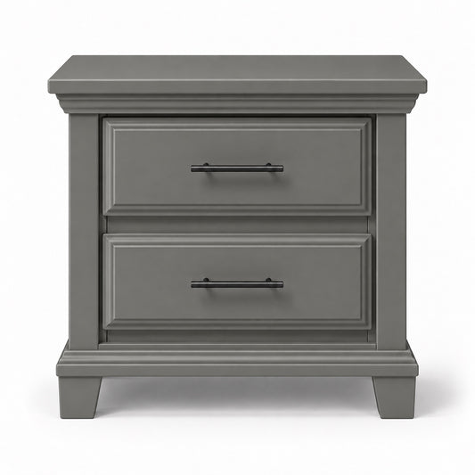 Slate grey Bella classic two-drawer nightstand front product view with slim black handles