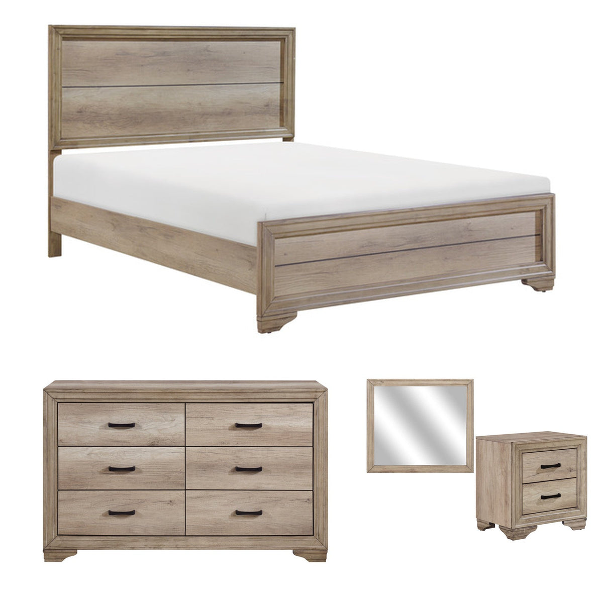 Havenwood Lonan four-piece queen bedroom set with bed, six-drawer dresser, mirror and two-drawer nightstand