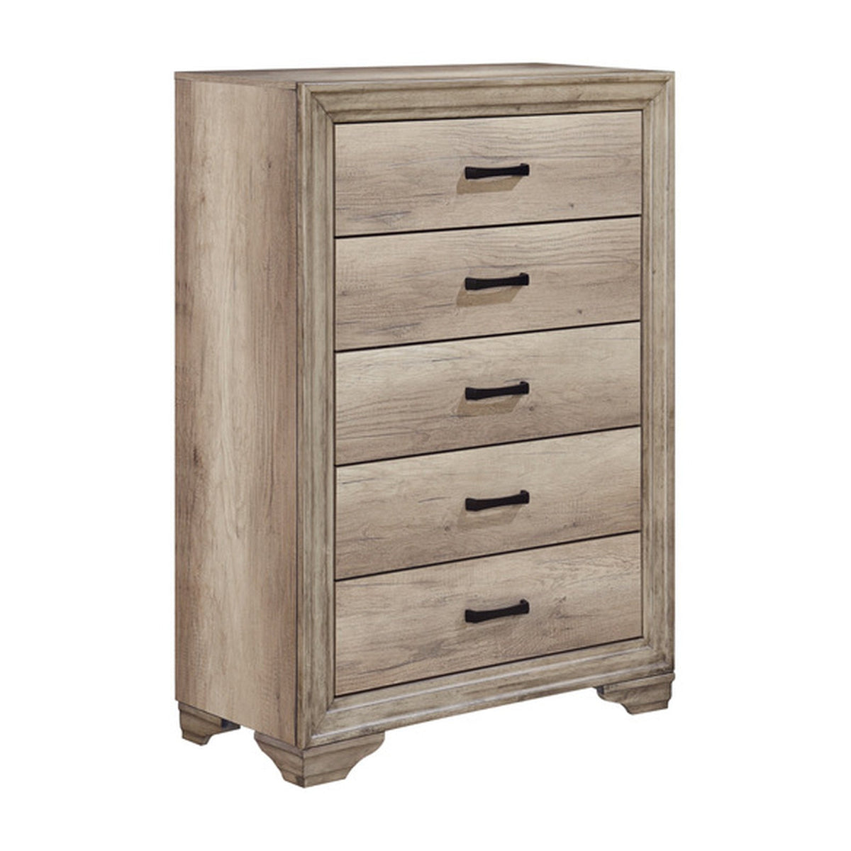 Havenwood five-drawer chest angled view showing framed drawers and shaped feet