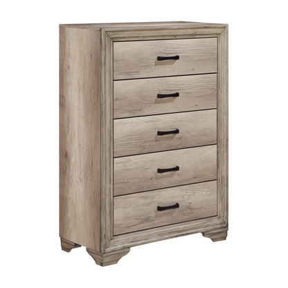 Havenwood five-drawer chest angled view showing framed drawers and shaped feet