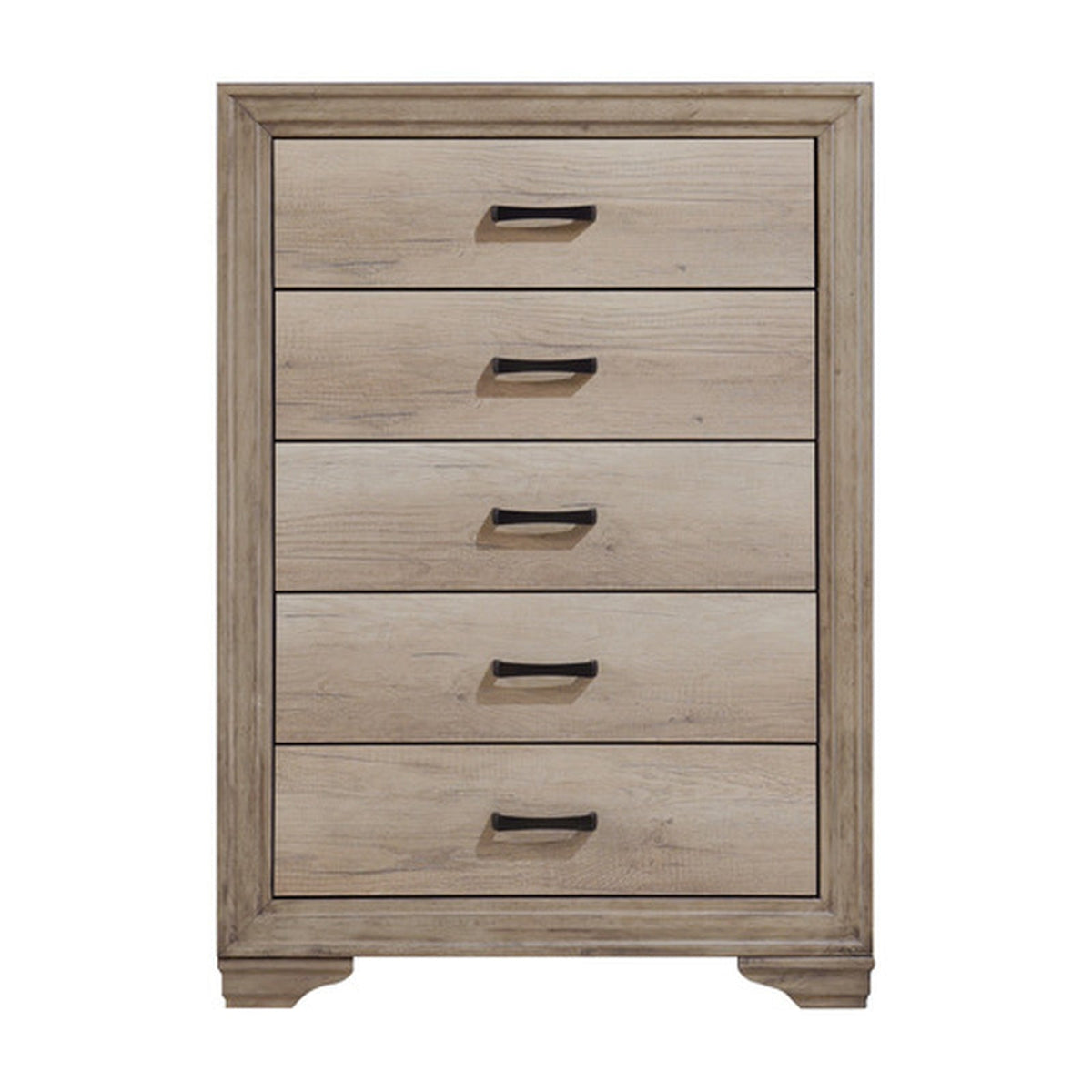 Havenwood five-drawer chest front view with weathered natural finish and black bar pulls