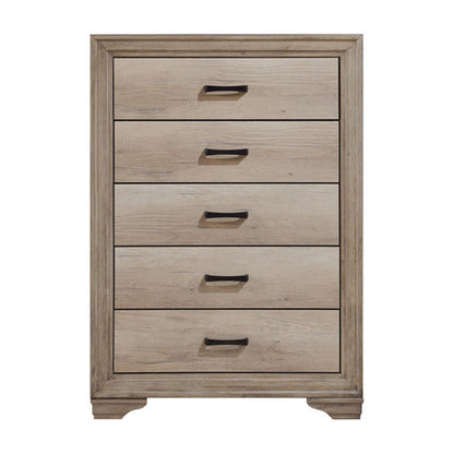 Havenwood five-drawer chest front view with weathered natural finish and black bar pulls