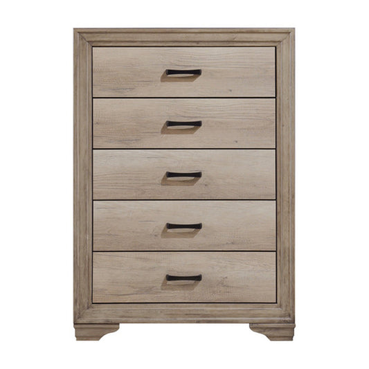 Havenwood five-drawer chest front view with weathered natural finish and black bar pulls