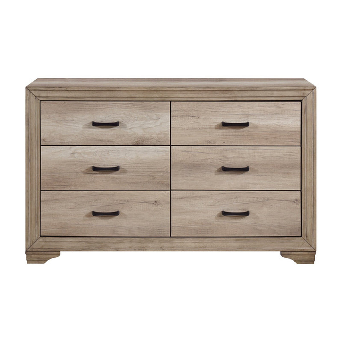 Havenwood natural six-drawer dresser front view with six black handles