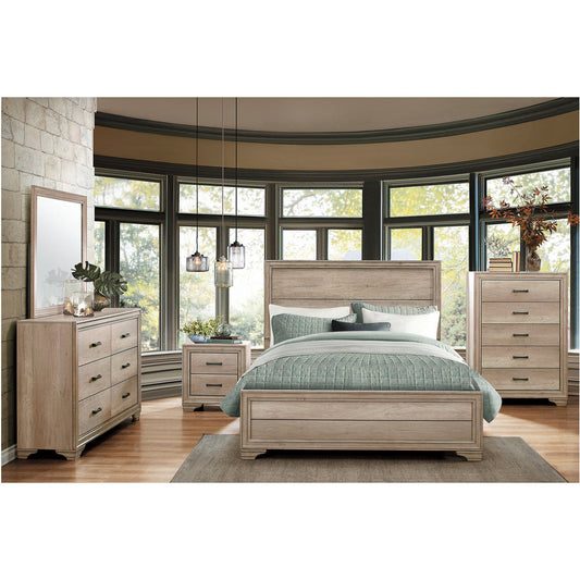 Homelegance Lonan bedroom styled with Havenwood queen bed, dresser, nightstand and mirror; tall chest sold separately