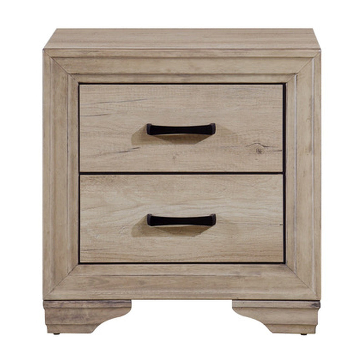 Havenwood natural two-drawer nightstand front view with black metal pulls